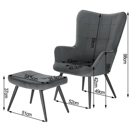 BukkitBow comfortabele fauteuil met kruk, stevige en duurzame stoelen met moderne uitstraling en afmetingen 98x43x59cm en 54,5x35,5x37cm.