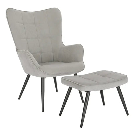 BukkitBow comfortabele fauteuil met kruk, stevige en duurzame constructie, moderne stijl, afmetingen 98x43x59cm en 54.5x35.5x37cm.