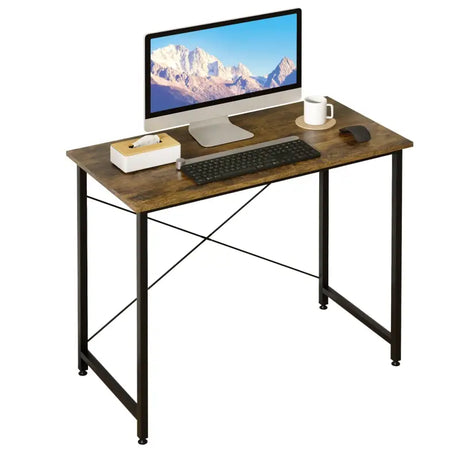 BukkitBow Compact Bureau met metalen frame, vintage bruine houten afwerking, 80x40x75 cm, stevig en stijlvol bureau voor thuis of kantoor.