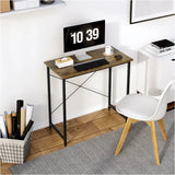 BukkitBow Compact Bureau met metalen frame en vintage bruine houten uitstraling, afmetingen 80x40x75 cm, modern en functioneel.