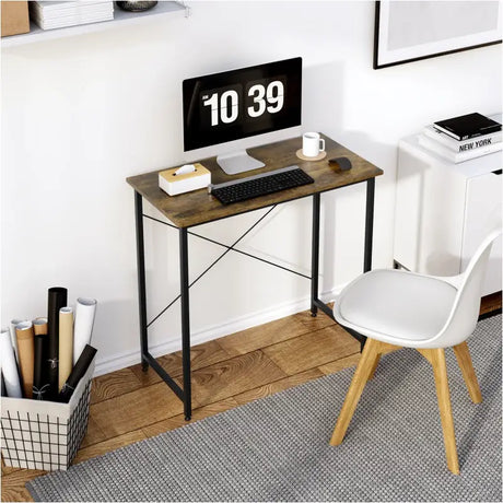 BukkitBow Compact Bureau met metalen frame en vintage bruine houten uitstraling, afmetingen 80x40x75 cm, modern en functioneel.