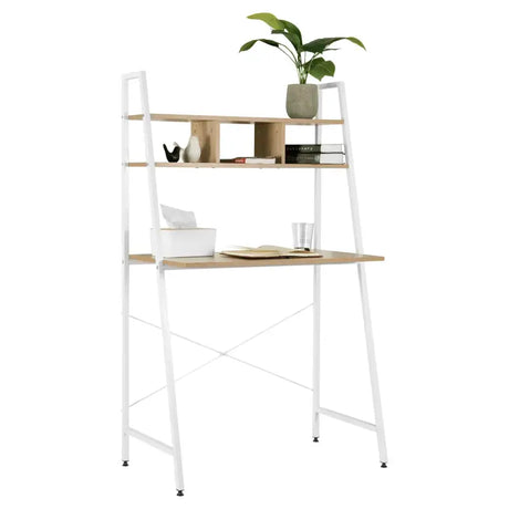 BukkitBow compact bureau met bovenplanken voor opslag, zwart onderstel en houten werkblad, afmeting 84x46x140 cm