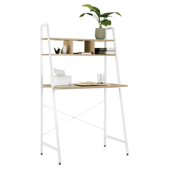 BukkitBow compact bureau met bovenplanken voor opslag, zwart onderstel en houten werkblad, afmeting 84x46x140 cm