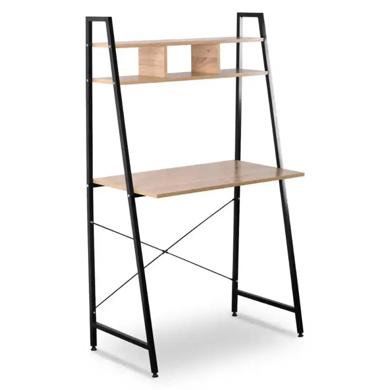 BukkitBow compact bureau met bovenplanken voor opslag, zwart houten werkplek van 84x46x140 cm, geschikt voor kantoor of thuiskantoor.