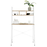 BukkitBow compact bureau met bovenplanken voor opslagruimte, zwart houten werkplek van 84x46x140 cm, ideaal voor kantoor of thuisgebruik.