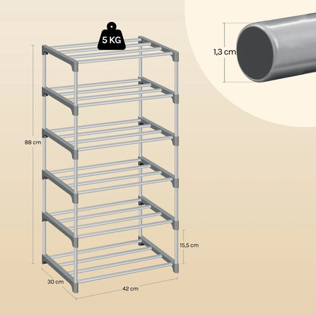 BukkitBow Compact metalen schoenenrek, stapelbaar en open systeem voor nette schoenen opslag in wit en zilver