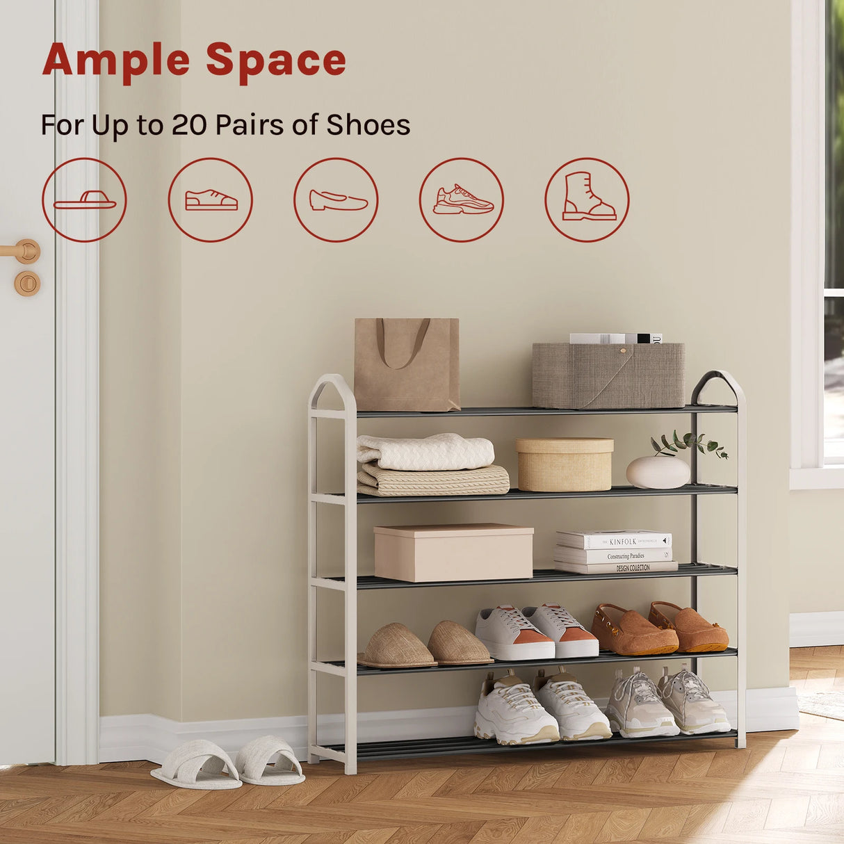 BukkitBow schoenenrek van staal met handgrepen, compact ontwerp met 4/5 niveaus voor schoenenopslag.