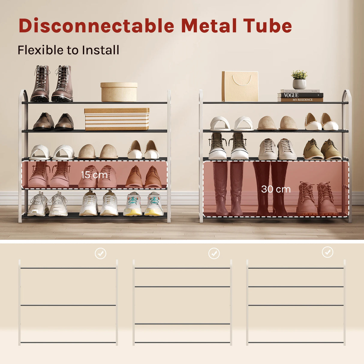 BukkitBow schoenenrek van staal met handgrepen, compact ontwerp, 4/5 niveaus voor schoenenopslag.