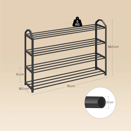 BukkitBow schoenenrek van staal met handgrepen, compact ontwerp, 4/5 niveaus voor schoenenopslag.