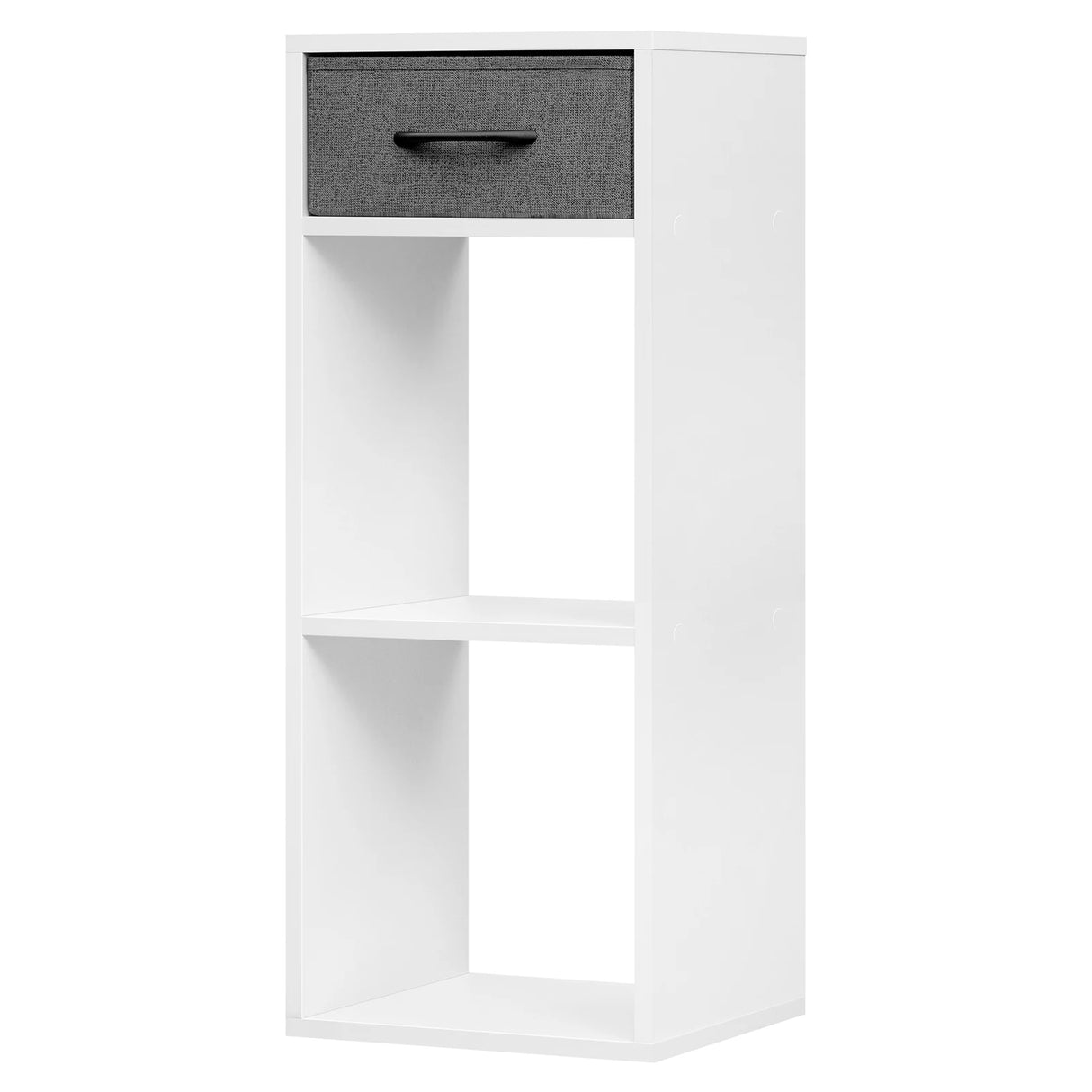 BukkitBow compacte boekenkast met stoffen lade, drie niveaus, houten afwerking en opbergmogelijkheden voor boeken en accessoires