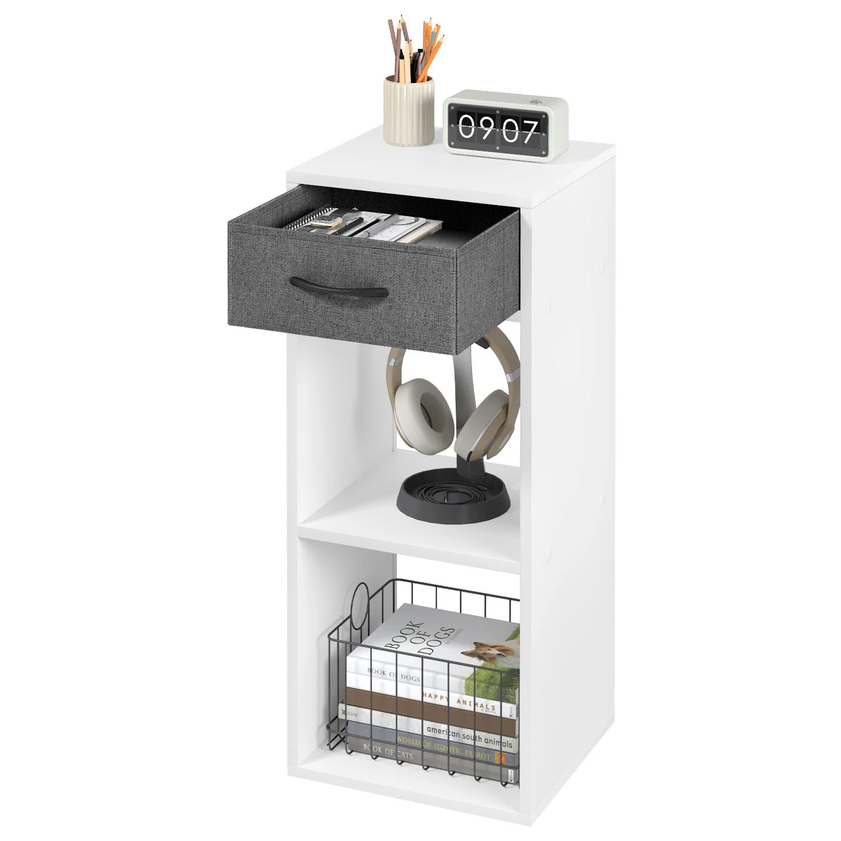 BukkitBow compacte boekenkast met stoffen lade, 3 niveaus, houten ontwerp voor woonkamer of kantoor, modern en functioneel.