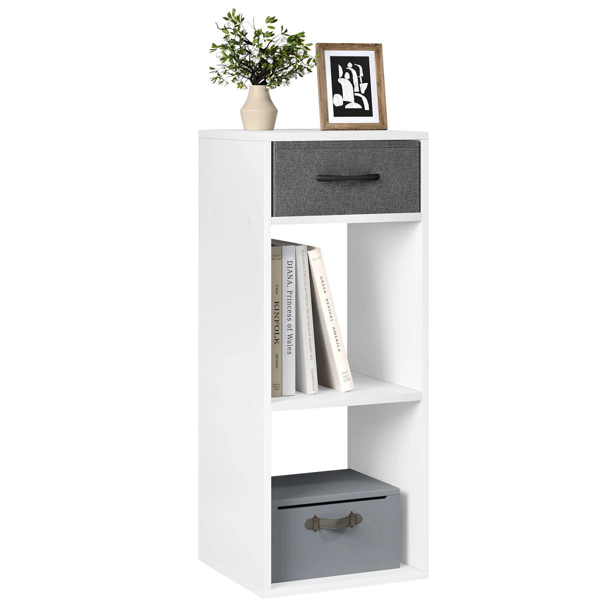 BukkitBow compacte boekenkast met stoffen lade, 3 niveaus, van hout en stof, ideale opberger voor boeken en accessoires