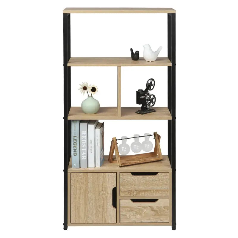 BukkitBow compacte boekenkast met open modern design, 2-in-1 planken en lades, afmetingen 58x24x120 cm, multifunctioneel meubel