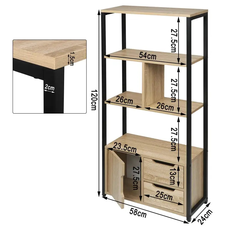 BukkitBow compacte boekenkast met open modern design, 2-in-1 planken en lades, afmetingen 58x24x120 cm, multifunctioneel meubel