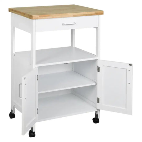 BukkitBow compacte keukentrolley met rubberhouten werkblad en opbergvakken, 60x90x44,5cm, als boekenkast of keukenkast.