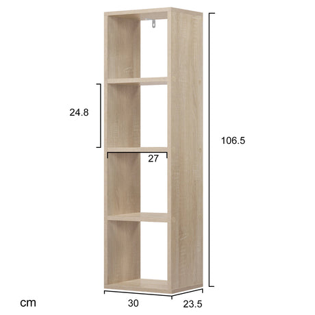 BukkitBow compacte kubus boekenkast met 4 vakken, verticaal en horizontaal, van hout, geschikt voor boeken en decoratie.