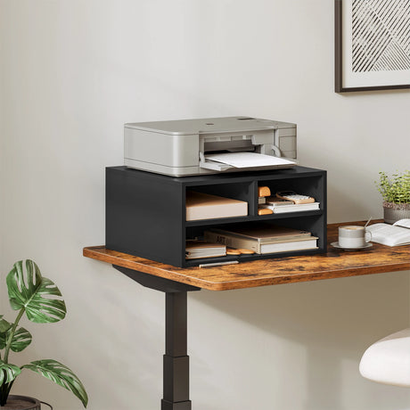 BukkitBow compacte printerstandaard met modern design, drie opbergvakken voor printpapier en accessoires, geschikt voor thuiskantoor.