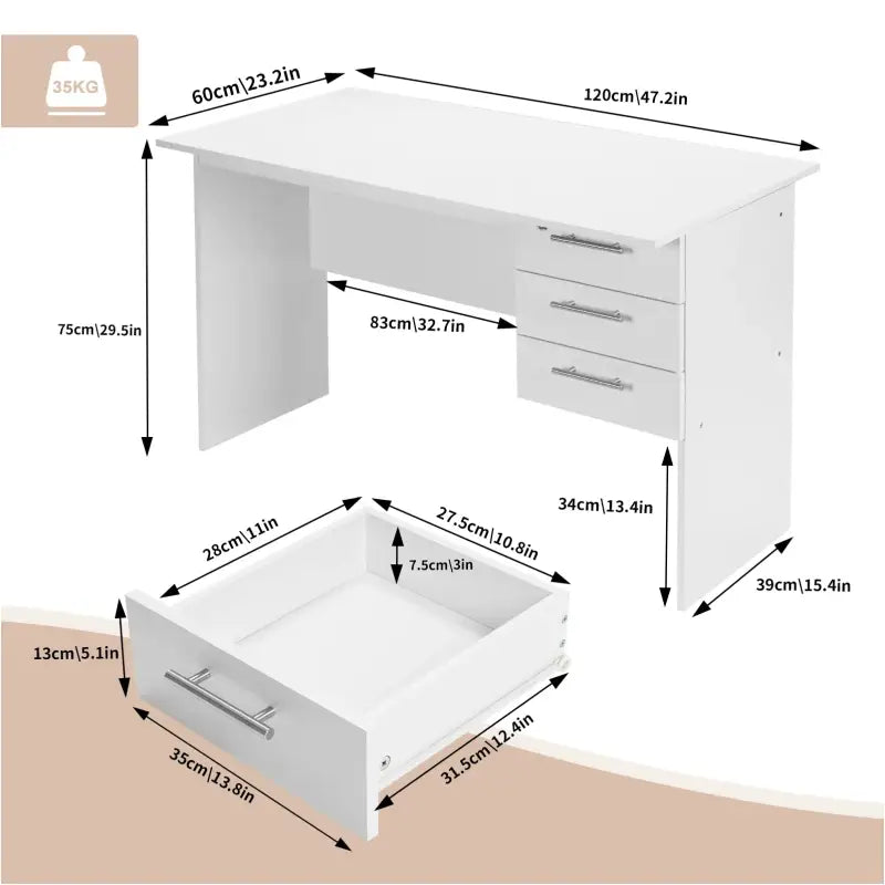 BukkitBow computerbureau met afsluitbare ladeblok, afmetingen 60x120x75cm, modern kantoormeubel in natuurlijke houtlook.