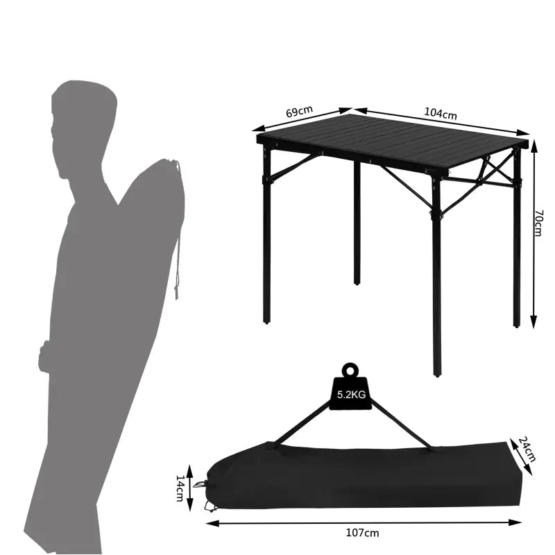 BukkitBow draagbare campingtafel met 60kg draagvermogen, lichtgewicht 5,2kg, opvouwbaar met draagtas, afmetingen 104x69x70cm.