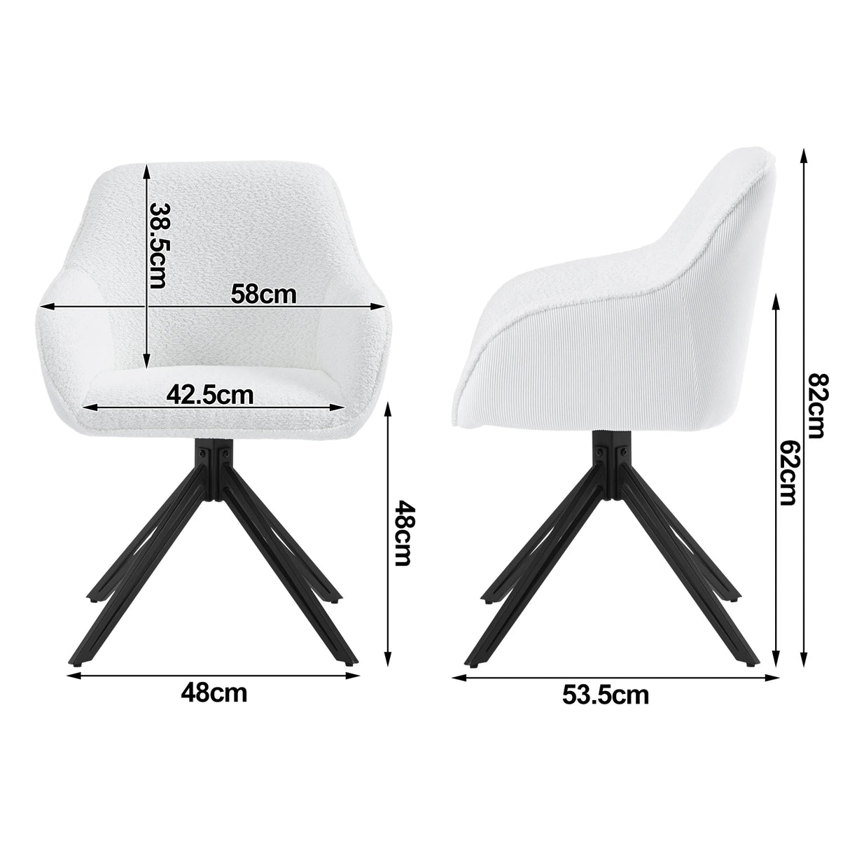 Twee draaibare BukkitBow corduroy eetkamerstoelen met armleuningen, zwart gekleed, op een eettafel met decoratieve accessoires.