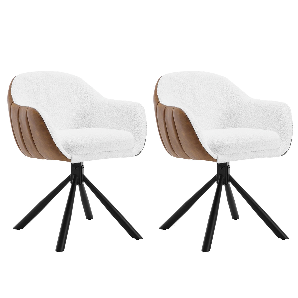 Twee draaibare BukkitBow eetkamerstoelen met armleuningen, modern design, comfortabele zitting en soepel draaiende basis.