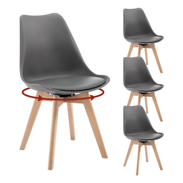 Set van 4 BukkitBow draaibare eetkamerstoelen van massief hout met comfortabele zittingen en moderne uitstraling.