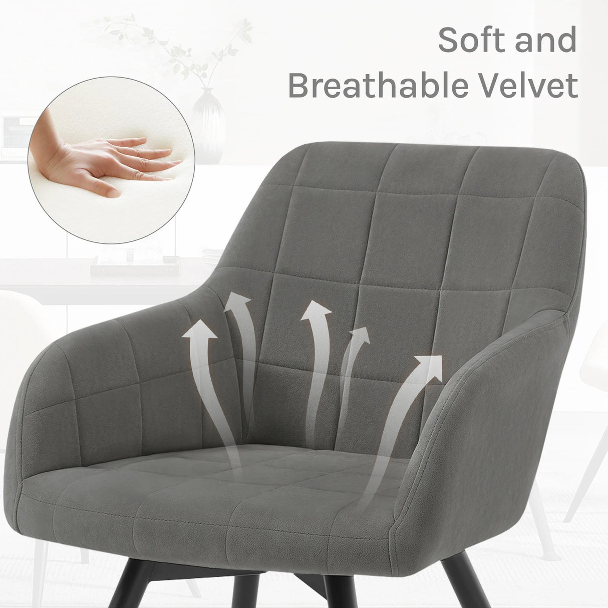Draaibare velvet eetkamerstoel van BukkitBow met armleuning en metalen onderstel, comfortabel en stijlvol voor de eethoek