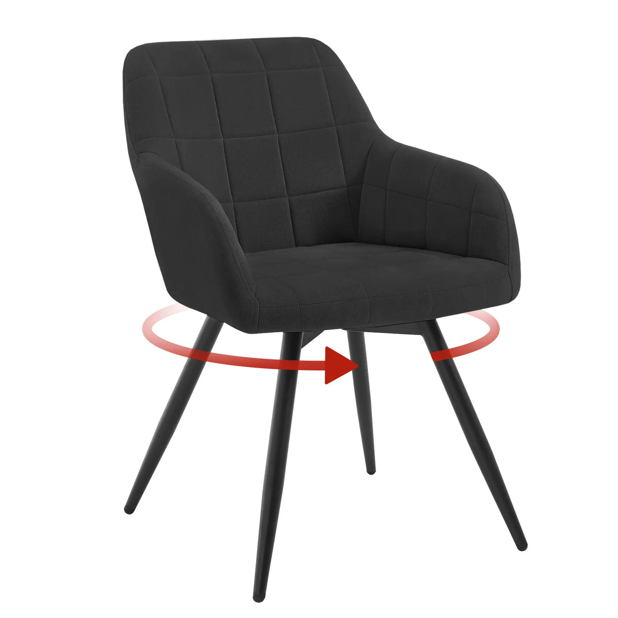 Draaibare velvet eetkamerstoel van BukkitBow met armleuning en metalen onderstel, comfortabel en stijlvol voor de eetkamer.