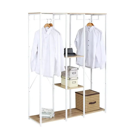 BukkitBow dubbele kledingrek met hangers, twee planken en schoenenopbergruimte, afmetingen 40x120x167cm, modern en functioneel.