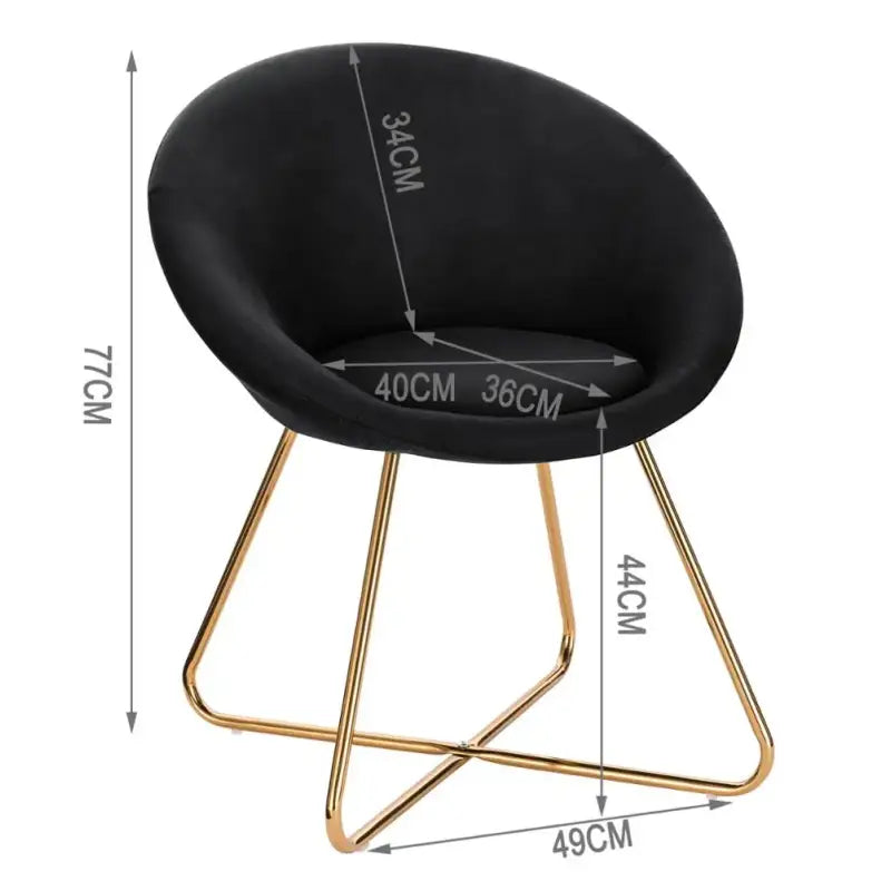 BukkitBow eetkamerstoel met fluwelen bekleding en metalen poten, ergonomische vorm en zithoogte van 44 cm.