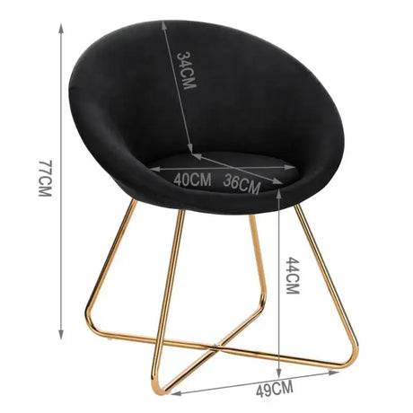 BukkitBow eetkamerstoel met fluwelen bekleding, metalen poten en ergonomische vorm, zithoogte 44 cm.