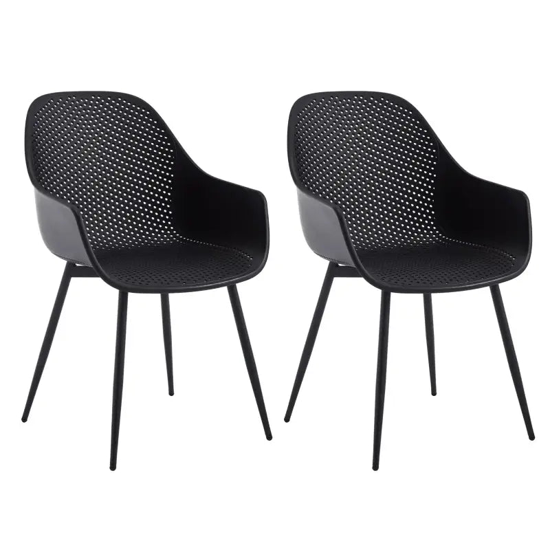 Set van 2 moderne BukkitBow eetkamerstoelen met holle rug en metalen poten, geschikt voor keuken of eetkamer.