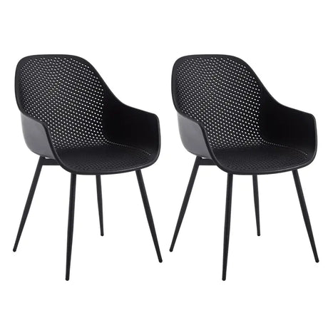 Set van 2 moderne BukkitBow eetkamerstoelen met holle rug en metalen poten, geschikt voor keuken of eetkamer.