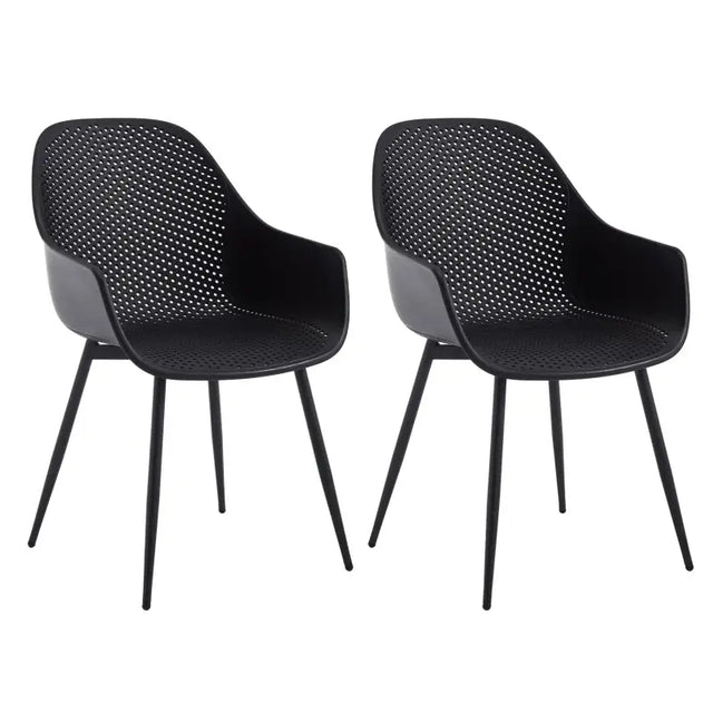 Set van 2 moderne BukkitBow eetkamerstoelen met holle rug en metalen poten, geschikt voor keuken of eetkamer.