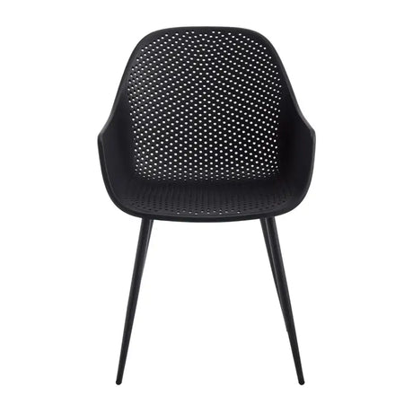 Set van 2 moderne BukkitBow eetkamerstoelen met holle rug en metalen poten, geschikt voor keuken en eethoek.