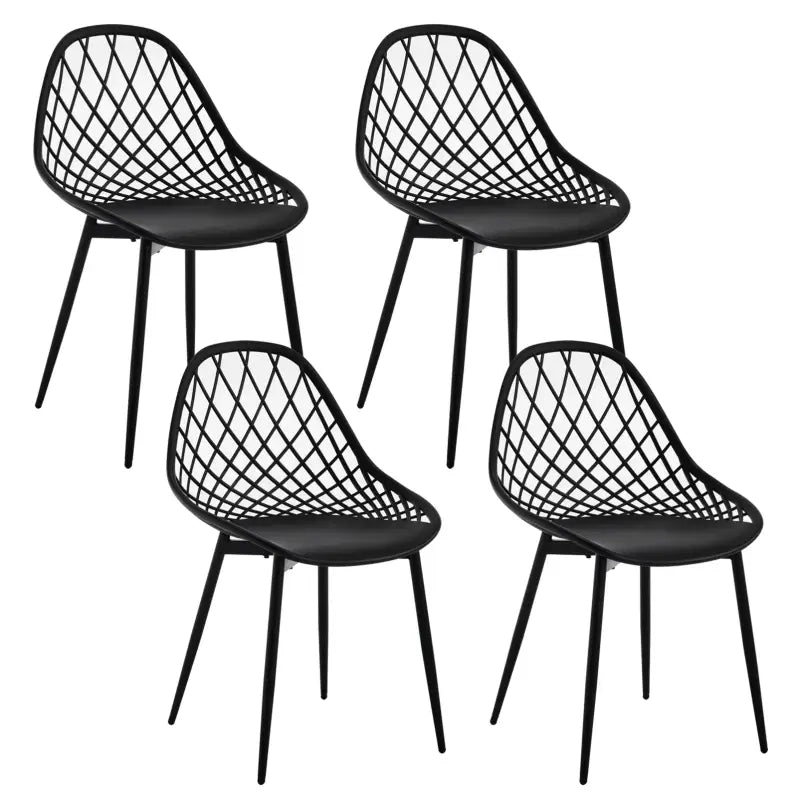 Set van 4 BukkitBow eetkamerstoelen met holle rugleuning, Scandinavisch design en metalen poten, geschikt voor keuken en eetkamer.