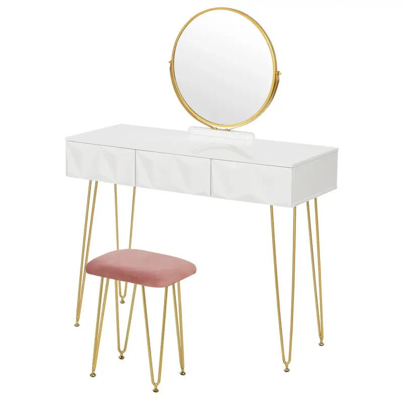 BukkitBow elegante kaptafel set met metalen frame, MDF hout, glazen blad, draaibare spiegel en kruk, afmetingen 100x40x79cm