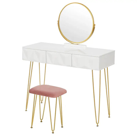BukkitBow elegante kaptafel set met metalen frame, MDF hout, glazen blad, draaibare spiegel en kruk, afmetingen 100x40x79cm