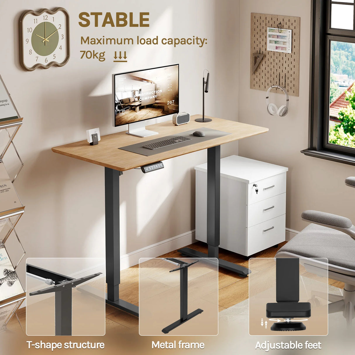 Elektrisch verstelbaar BukkitBow bureauframe met USB-poort en geheugenfunctie, geschikt voor een ergonomisch werkstation.