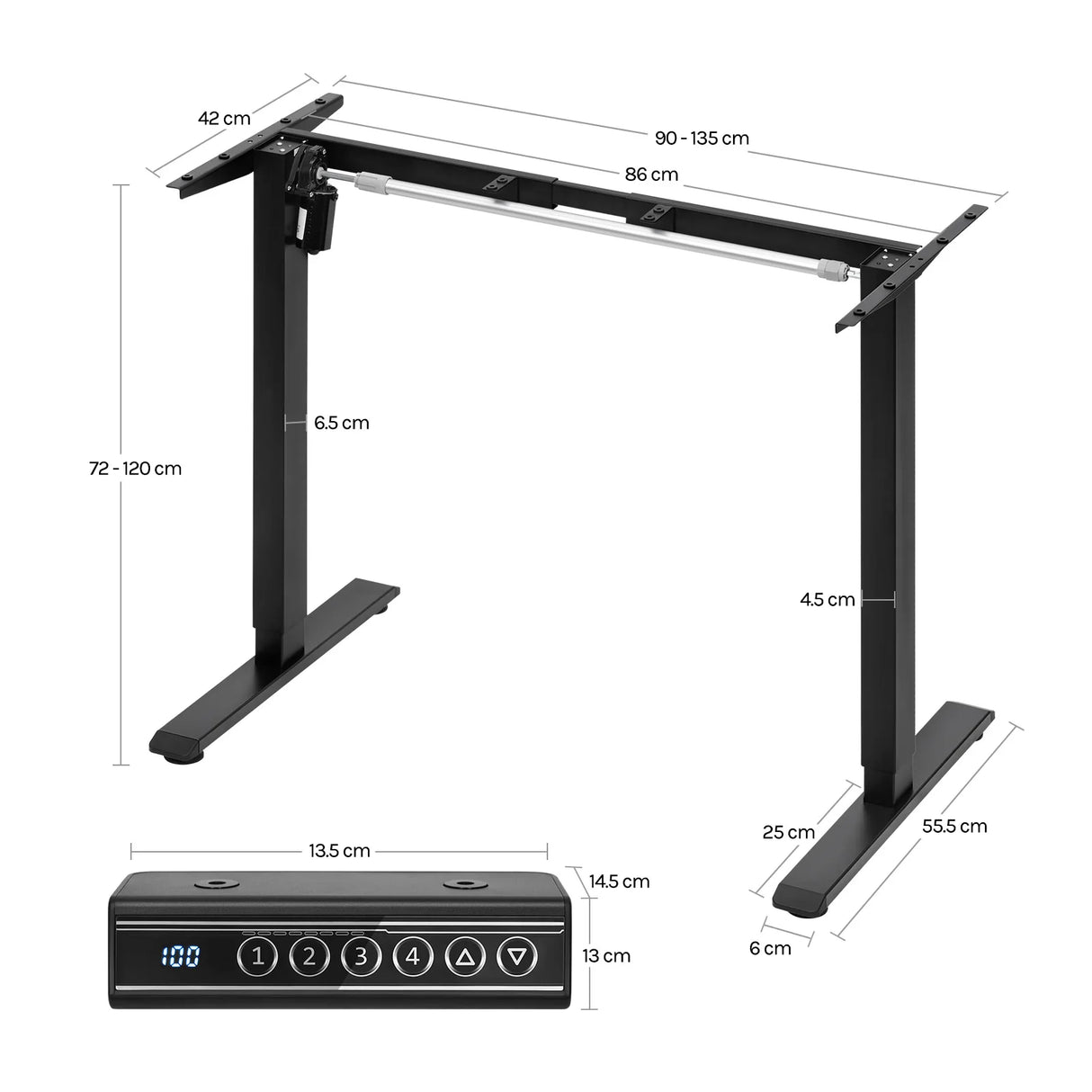 Elektrisch verstelbaar BukkitBow bureauframe met USB-poort en geheugensysteem, geschikt voor comfortabel werken.