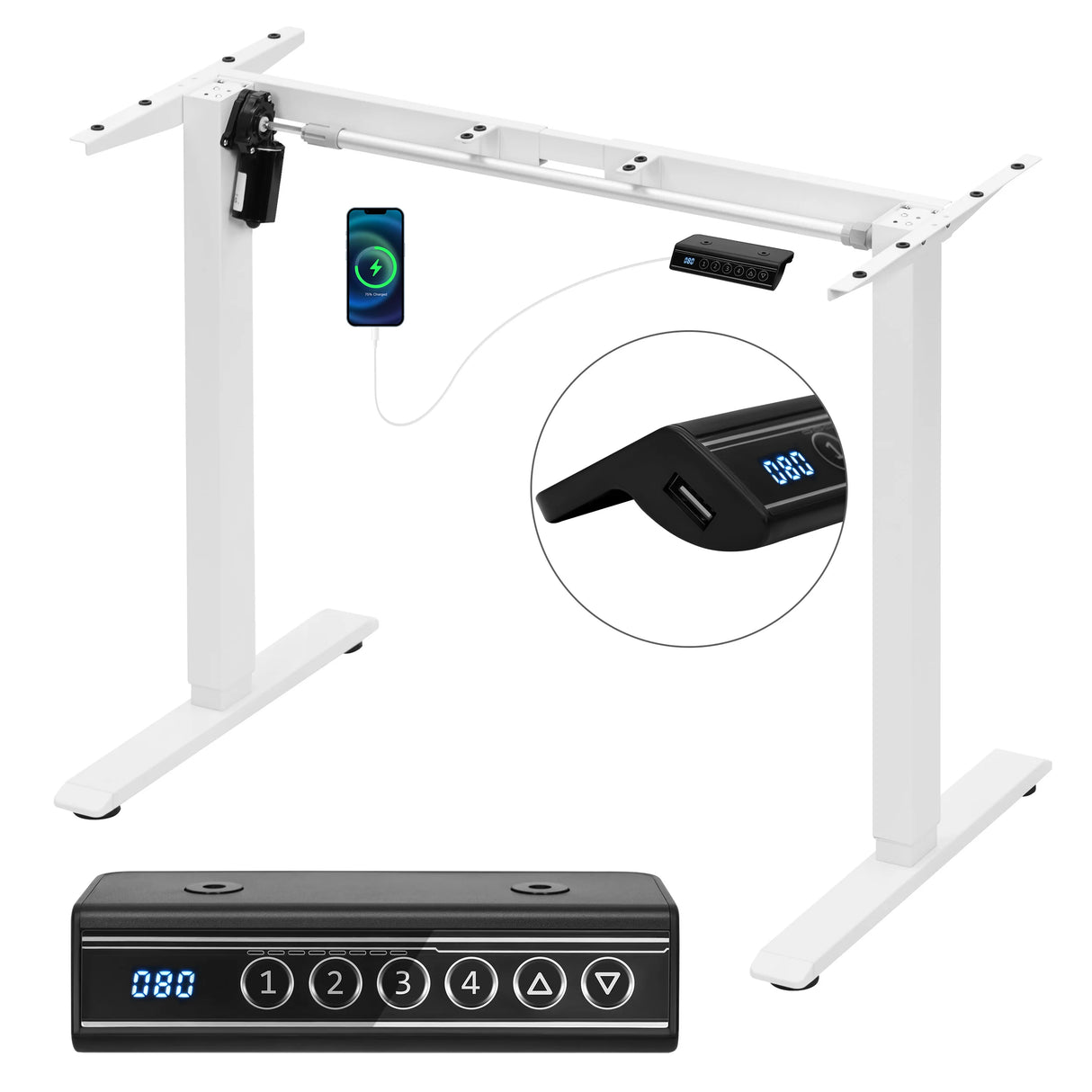Elektrisch verstelbaar BukkitBow bureau-onderstel met USB en geheugenfunctie, zwart metalen bureauframe voor ergonomisch werken.