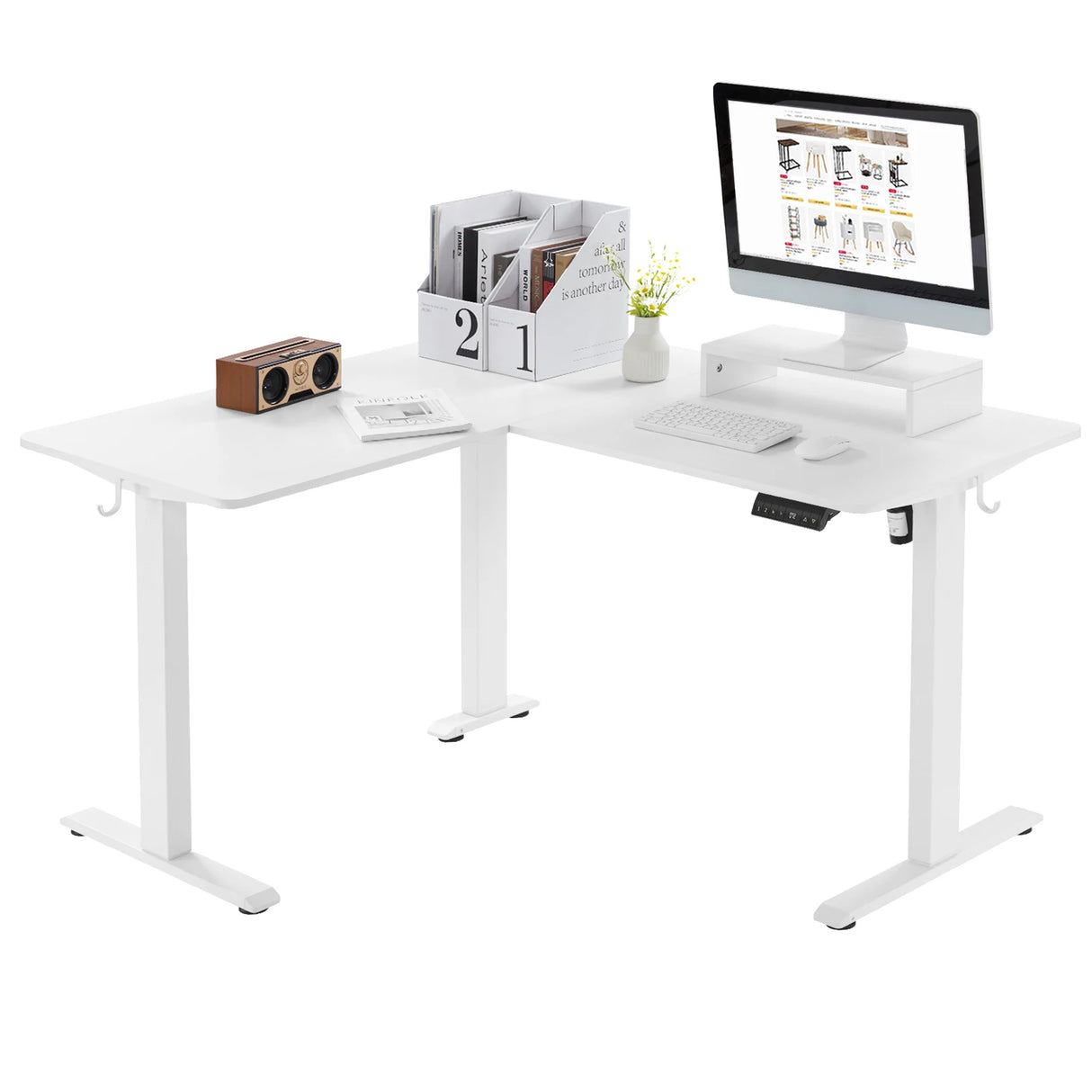 Elektrisch verstelbaar L-vormig bureau van BukkitBow met monitorstandaard, afmeting 140x120 cm, zwart en modern ontwerp.