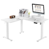 Elektrisch verstelbaar L-vormig bureau van BukkitBow met monitorstandaard, afmeting 140x120 cm, zwart en modern ontwerp.