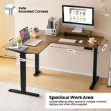 Elektrisch verstelbaar L-vormig bureau van BukkitBow met monitorstandaard, afmeting 140x120 cm, modern en functioneel kantoormeubel