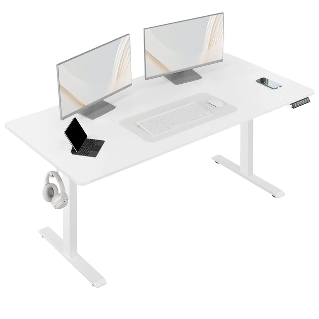 Elektrisch verstelbaar zit-sta bureau van BukkitBow met USB-poort en geheugenfunctie, zichtbaar in het afbeelding.