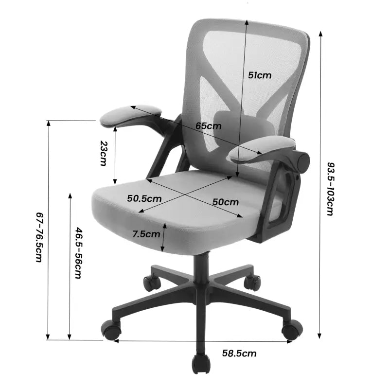 BukkitBow ergonomische bureaustoel met ademende rugleuning, wegklapbare armleuningen, hoogte 46,5-56 cm, zwart en comfortabel.