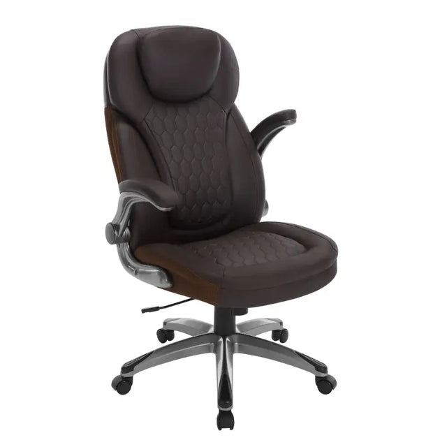 Ergonomische BukkitBow bureaustoel van kunstleer met hoofdsteun, armleuningen en draaibaar ontwerp voor comfortabel werken.