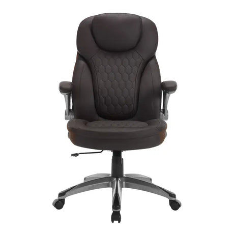Ergonomische BukkitBow bureaustoel van kunstleer met hoofdsteun, armleuningen en draaisysteem, geschikt voor comfortabel werken.