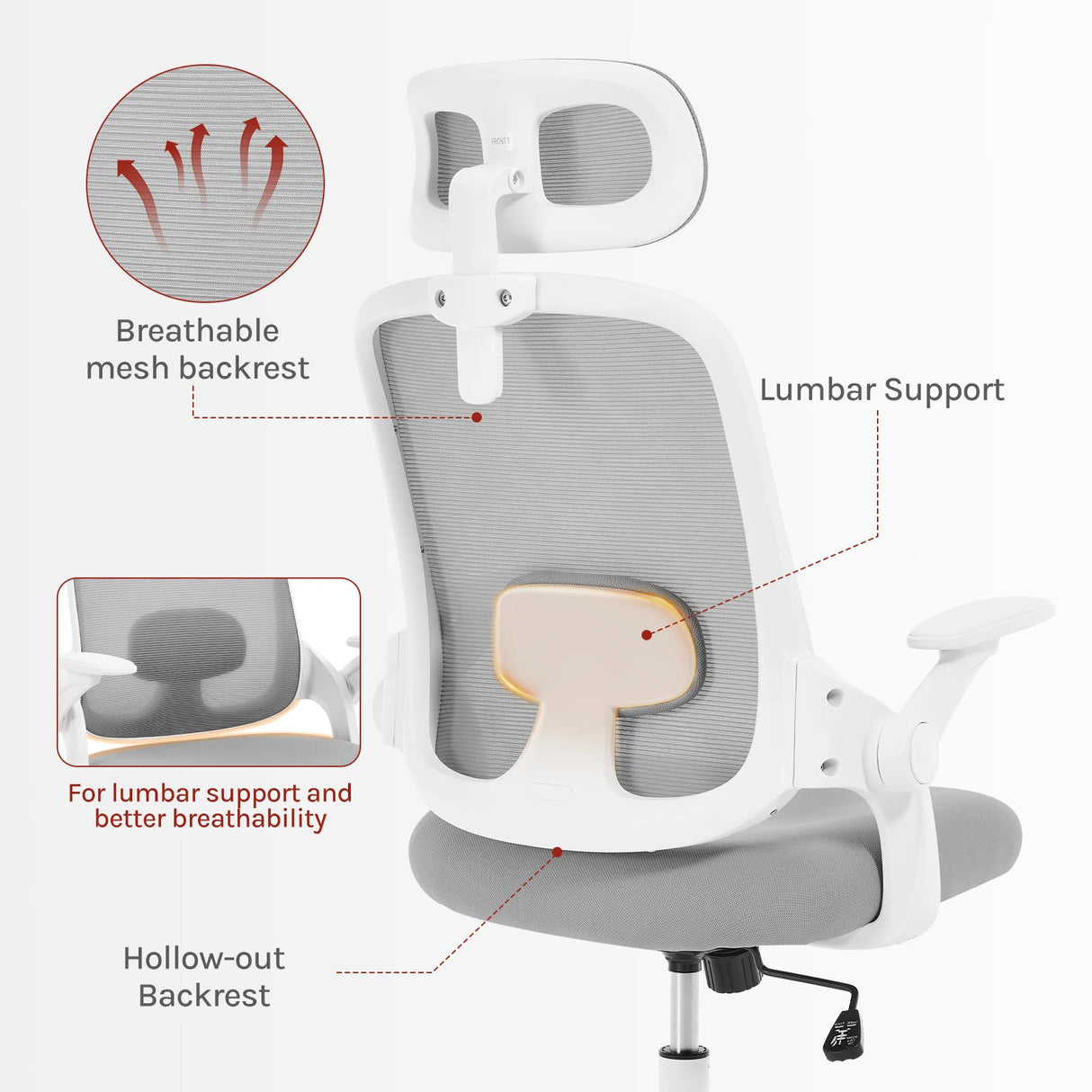 BukkitBow ergonomische bureaustoel met mesh bekleding en lendensteun, verstelbare armleuningen en zwart frame.