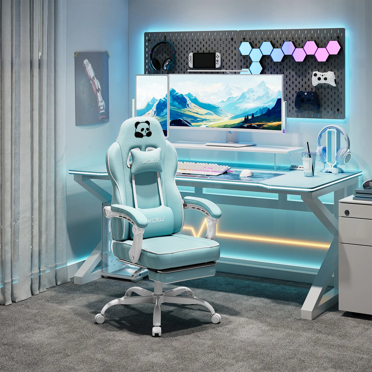 BukkitBow ergonomische gamestoel met brede zitting en voetensteun, ontworpen voor comfort tijdens gamen.